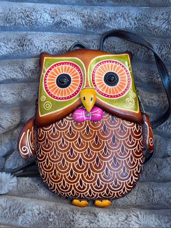 Handbags - Hand-Painted Brown Owl Crossbody/Backpack with Pink Bow